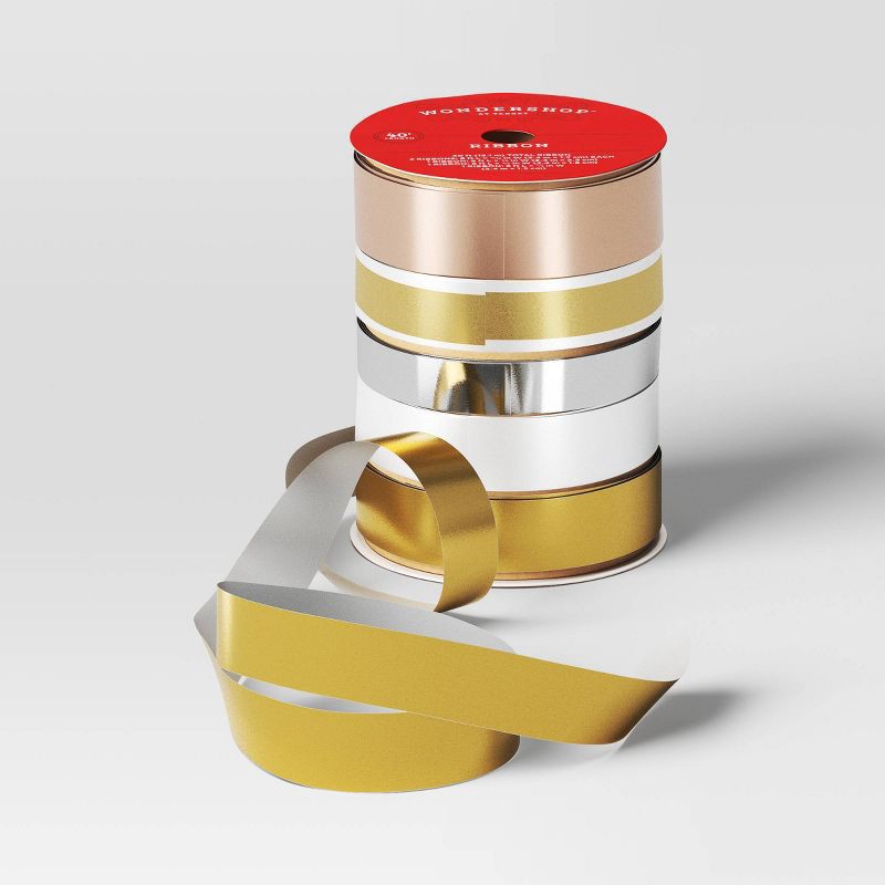 slide 2 of 2, 5 End Flat Christmas Ribbon 40' Gold/White/Silver - Wondershop™, 1 ct