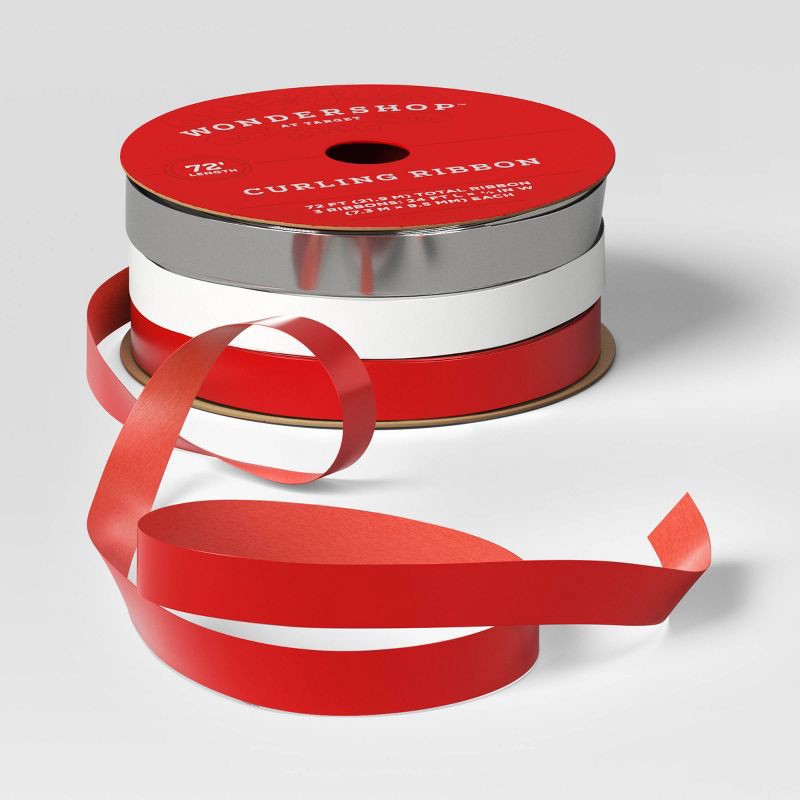 slide 3 of 3, 3/8" Christmas Curl Ribbon 72' Red/White/Silver - Wondershop™, 1 ct