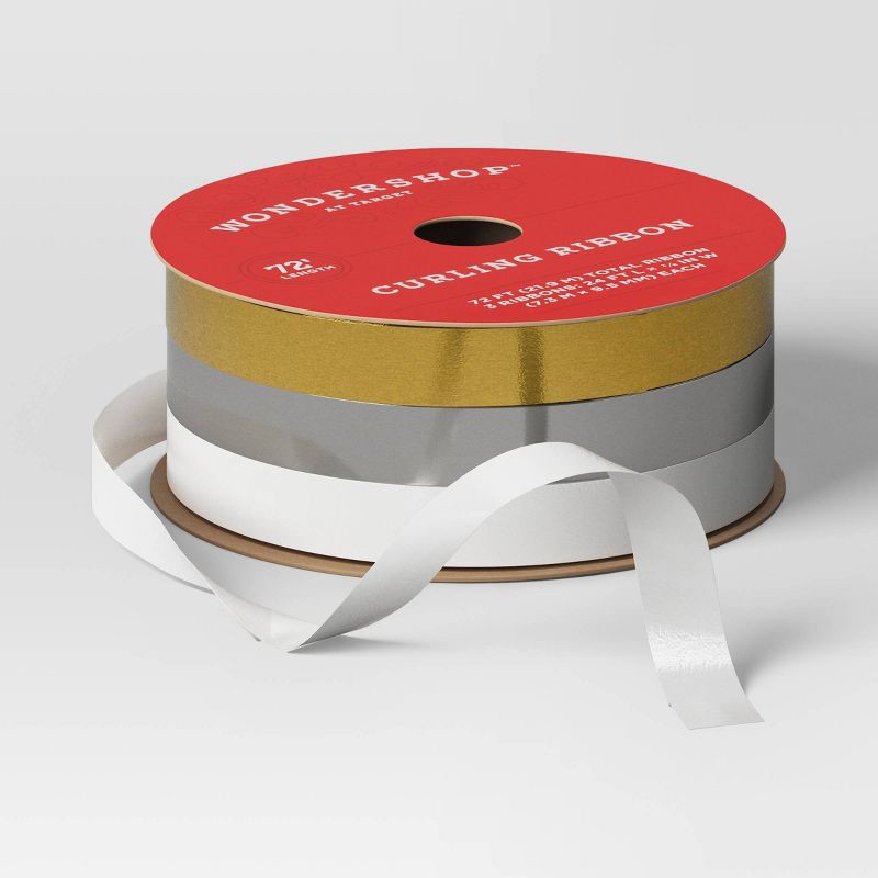 slide 2 of 2, 3/8" Christmas Curl Ribbon 72' Gold/Silver/White - Wondershop™, 1 ct