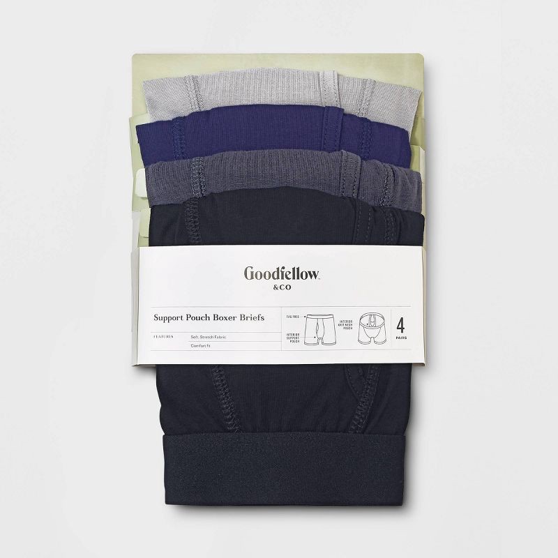 slide 2 of 5, Men's Support Pouch Boxer Briefs 4pk - Goodfellow & Co™ Black/Blue/Gray M: Lightweight Cotton Blend, Mid Rise, Mesh Liner, 4 ct