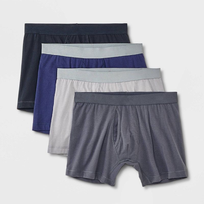 slide 1 of 5, Men's Support Pouch Boxer Briefs 4pk - Goodfellow & Co™ Black/Blue/Gray M: Lightweight Cotton Blend, Mid Rise, Mesh Liner, 4 ct