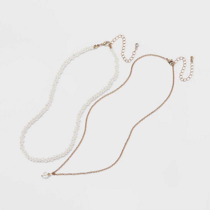 slide 3 of 4, Pearl Pendant Necklace Set 2pc - A New Day™ Gold: Multi-Strand, Nickel-Free Metal, Lobster Claw Clasp, 16" Length, 2 ct