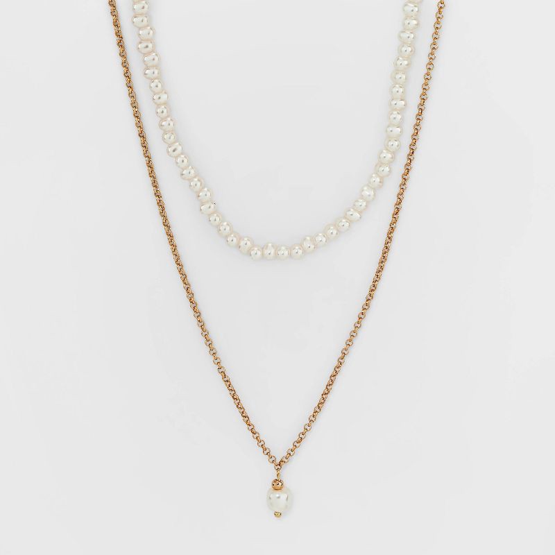 slide 1 of 4, Pearl Pendant Necklace Set 2pc - A New Day™ Gold: Multi-Strand, Nickel-Free Metal, Lobster Claw Clasp, 16" Length, 2 ct