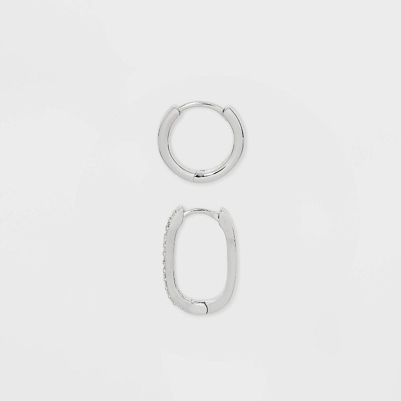 slide 2 of 2, Sterling Silver Polished Round and Pave Rectangular Huggie Hoop Earrings 2pc - A New Day™ Silver: Nickel-Free, Clasp Closure, 2 ct