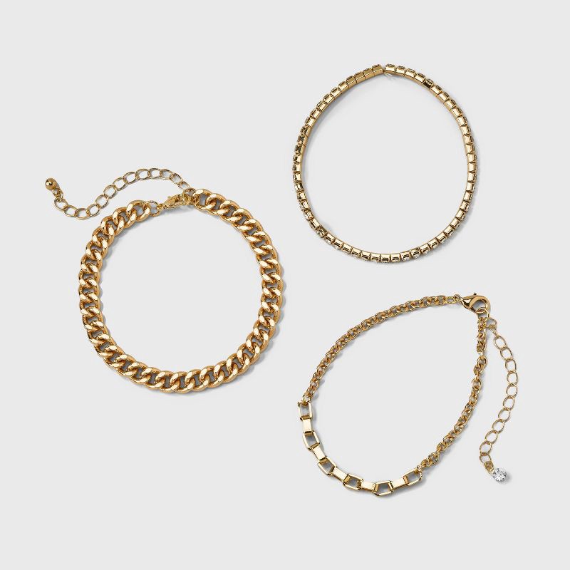slide 3 of 4, Cup Chain Bracelet Set 3pc - A New Day™ Gold: Nickel-Free Metal, Lobster Claw Clasp, Chain Style, 2" Length, 3 ct