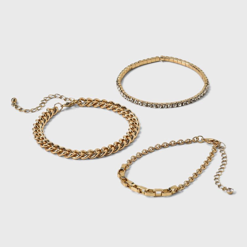 slide 1 of 4, Cup Chain Bracelet Set 3pc - A New Day™ Gold: Nickel-Free Metal, Lobster Claw Clasp, Chain Style, 2" Length, 3 ct