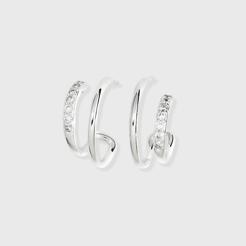 slide 1 of 2, Sterling Silver Cubic Zirconia Faux Duo Stud Hoop Earrings - A New Day™ Silver: Nickel-Free, Post Closure, 1 ct