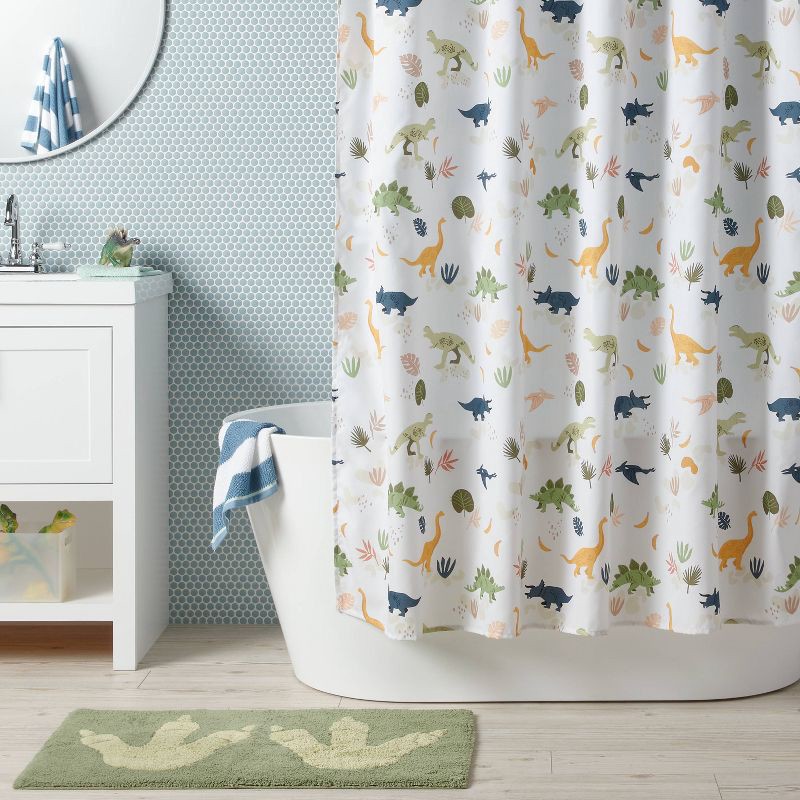 slide 2 of 4, Dinosaur Kids' Shower Curtain - Pillowfort™: Multicolor, Machine Washable, Twill, Buttonhole Top, 72"x72", 1 ct