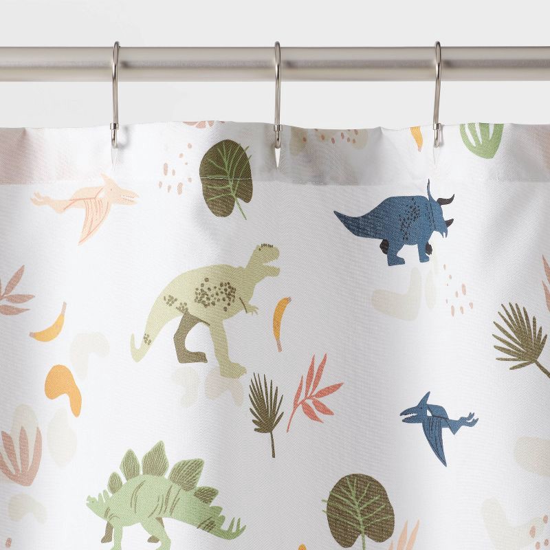 slide 3 of 4, Dinosaur Kids' Shower Curtain - Pillowfort™: Multicolor, Machine Washable, Twill, Buttonhole Top, 72"x72", 1 ct