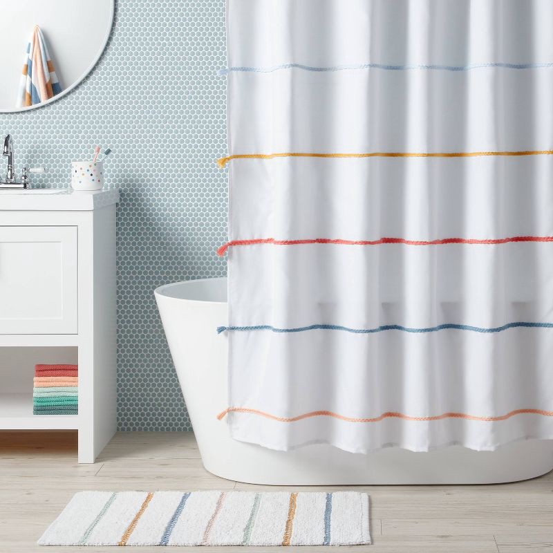 slide 2 of 4, Multi Striped with Tassels Kids' Shower Curtain - Pillowfort™: Kids Bathroom Decor, Twill, OEKO-TEX Certified, 1 ct