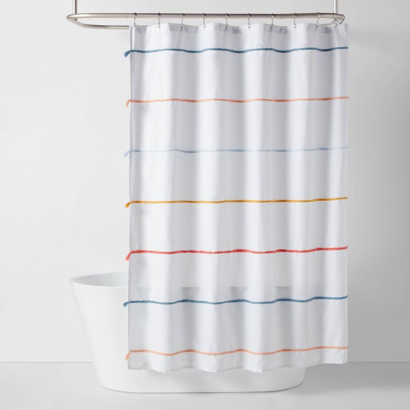 slide 1 of 4, Multi Striped with Tassels Kids' Shower Curtain - Pillowfort™: Kids Bathroom Decor, Twill, OEKO-TEX Certified, 1 ct
