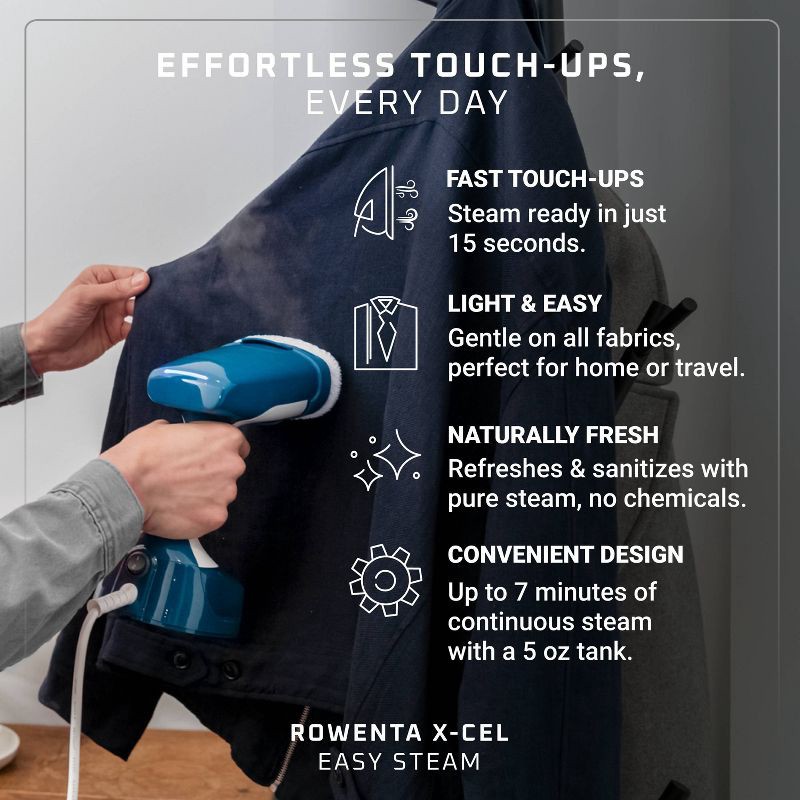 slide 2 of 9, Rowenta Xcel Steam Easy Handheld Garment Steamer for Clothes – Blue, 1 ct
