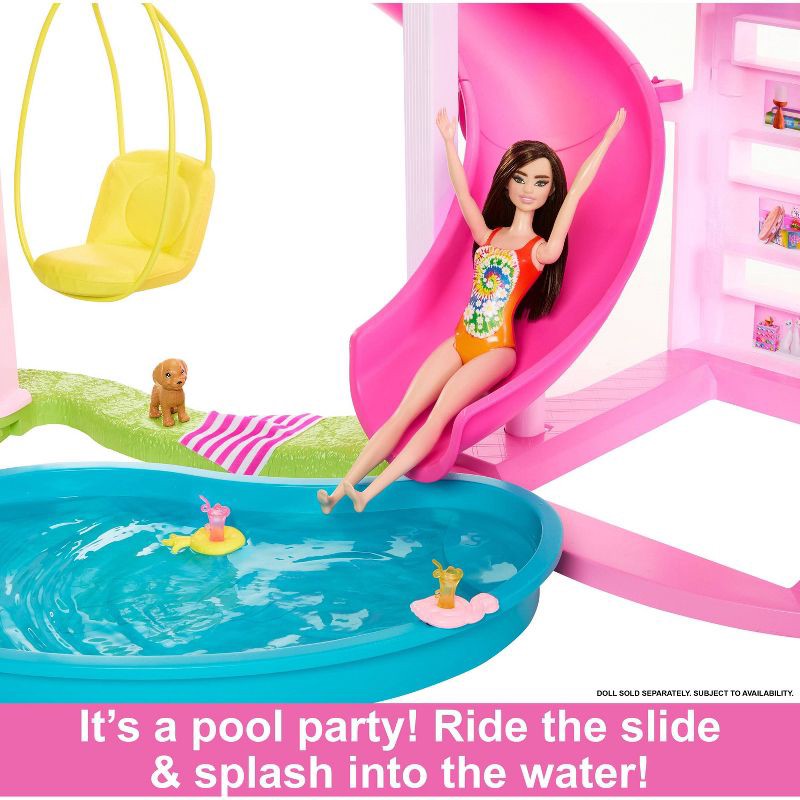 slide 4 of 6, Barbie Dreamhouse Pool Party Doll House with 75+ pc, 3 Story Slide: Adult Assembly, Fits 12 Inch Dolls, 1 ct