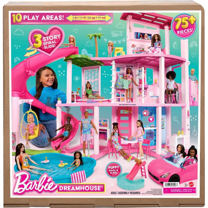 slide 6 of 6, Barbie Dreamhouse Pool Party Doll House with 75+ pc, 3 Story Slide: Adult Assembly, Fits 12 Inch Dolls, 1 ct