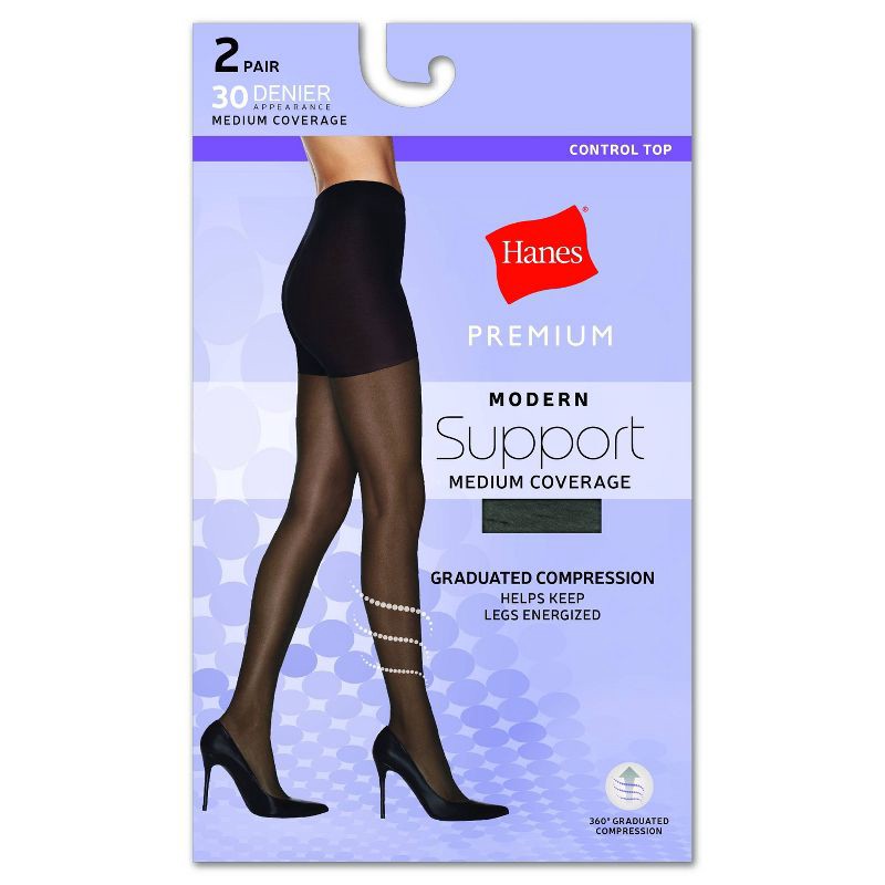 slide 3 of 3, Hanes Women's 2pk Modern Support Graduated Compression Tights - Black XXL: Sheer Toe, Control Top, High Waisted, Knit, 2 ct