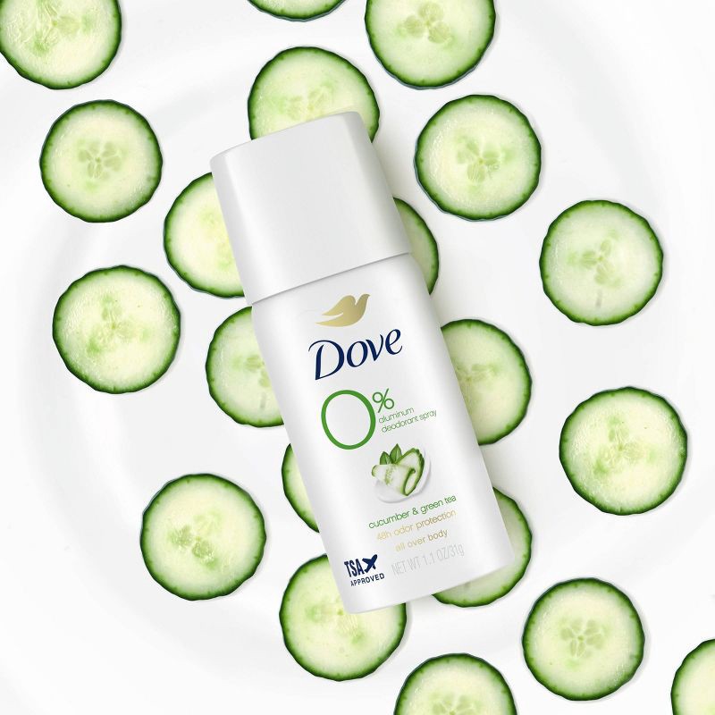 slide 4 of 9, Dove Beauty 0% Aluminum Mini Deodorant Spray - Cucumber & Green Tea - Travel Size - 1.1oz, 1.1 oz