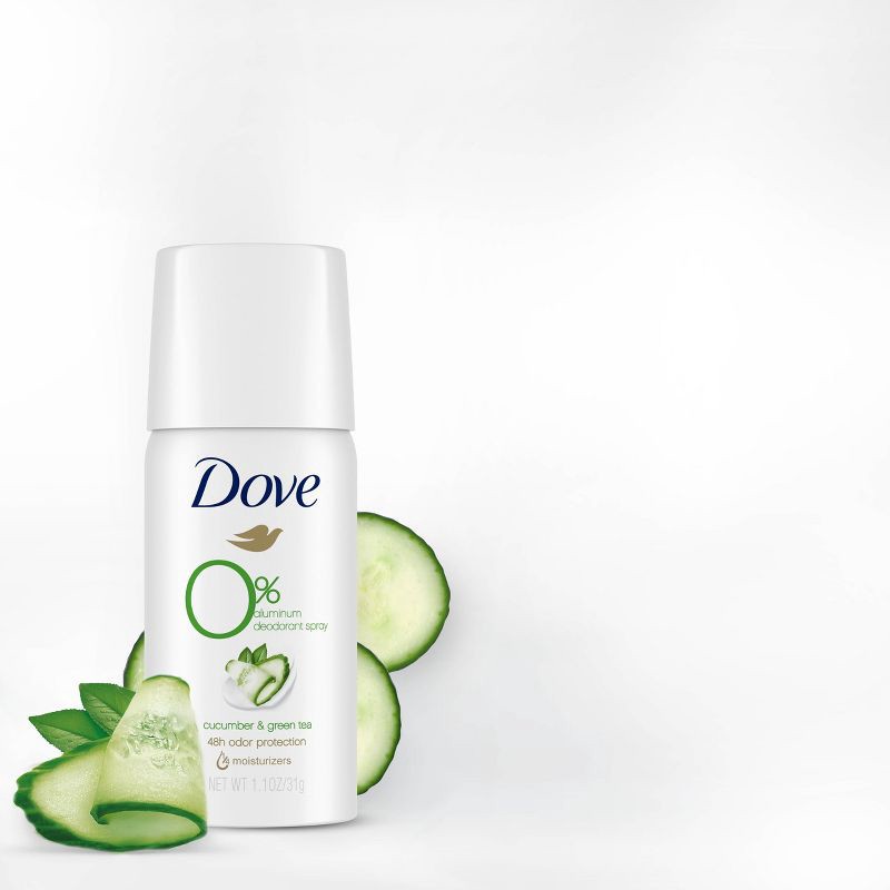 slide 5 of 9, Dove Beauty 0% Aluminum, Cucumber & Green Tea Deodorant Spray - Trial Size - 1.1oz, 1.1 oz