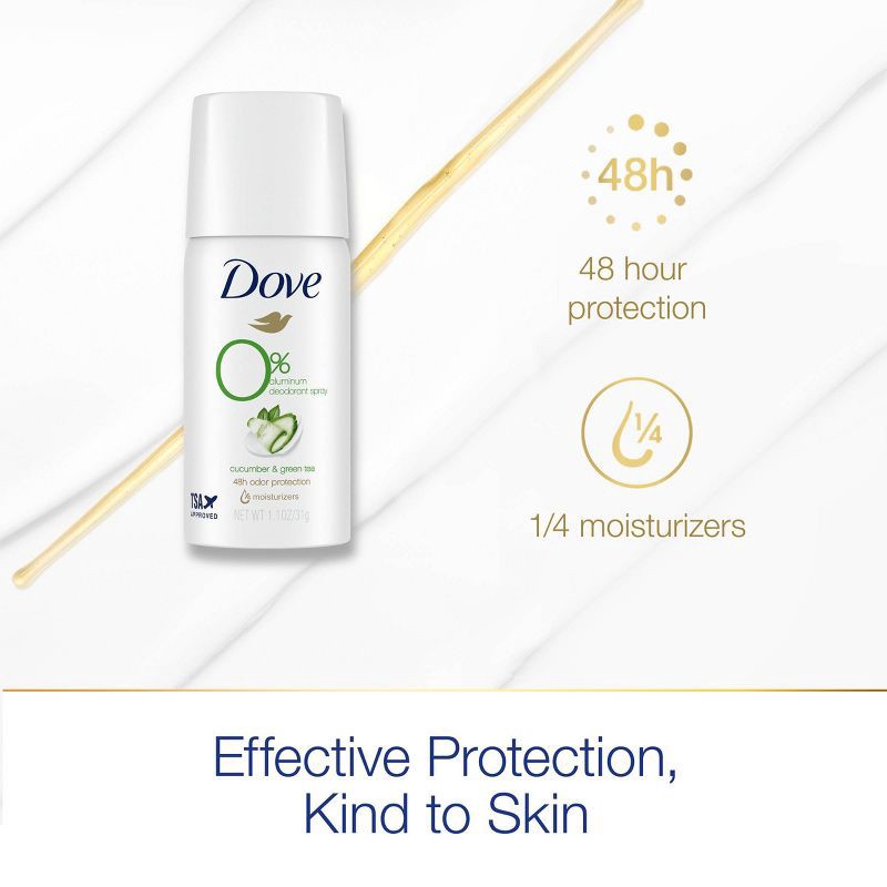 slide 6 of 9, Dove Beauty 0% Aluminum Mini Deodorant Spray - Cucumber & Green Tea - Travel Size - 1.1oz, 1.1 oz