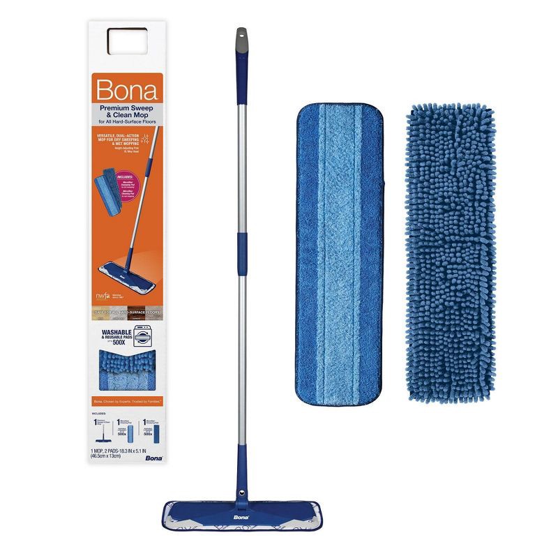 slide 1 of 13, Bona Floor Mop Starter Kit - 2-in-1 Wet + Dry Floor Sweeping + Mopping: Metal Handle, Microfiber Pads, Grip Handle, 1 ct