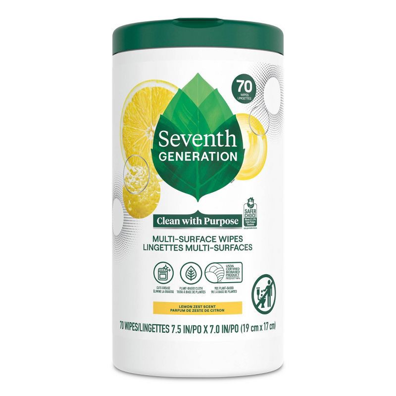 slide 2 of 9, Seventh Generation Lemon Zest Multi-Surface Cleaning Wipes - 70ct, 70 ct