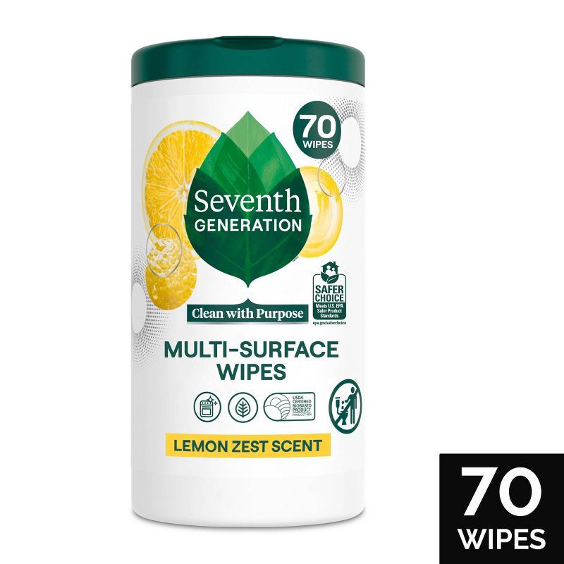 slide 1 of 9, Seventh Generation Lemon Zest Multi-Surface Cleaning Wipes - 70ct, 70 ct