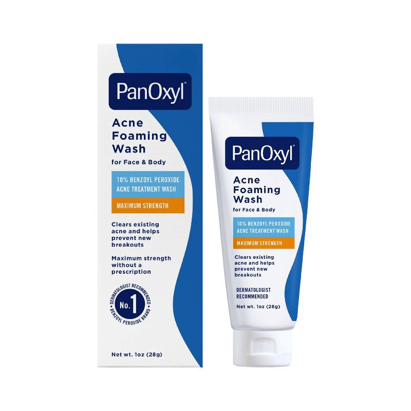 slide 1 of 8, PanOxyl 10% Benzoyl Peroxide Acne Foaming Wash - 1oz: Paraben-Free, For Face & Body, Acne-Prone Skin, 1 oz