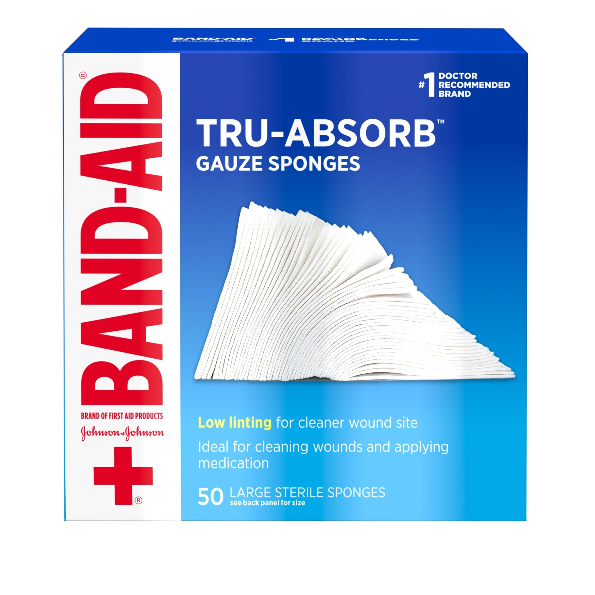 slide 1 of 6, BAND-AID First Aid Products Tru-Absorb Sterile Gauze Sponges for Cleaning and Cushioning Minor Wounds, Cuts & Burns, Low-Lint Design, Individually Wrapped 4 in by 4 in Pads, 50 ct