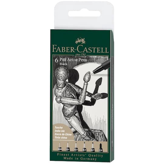 slide 1 of 3, Faber-Castell Pitt 0.05mm-1.5mm Black 6 Piece Artist Pen Set, 0.05mm