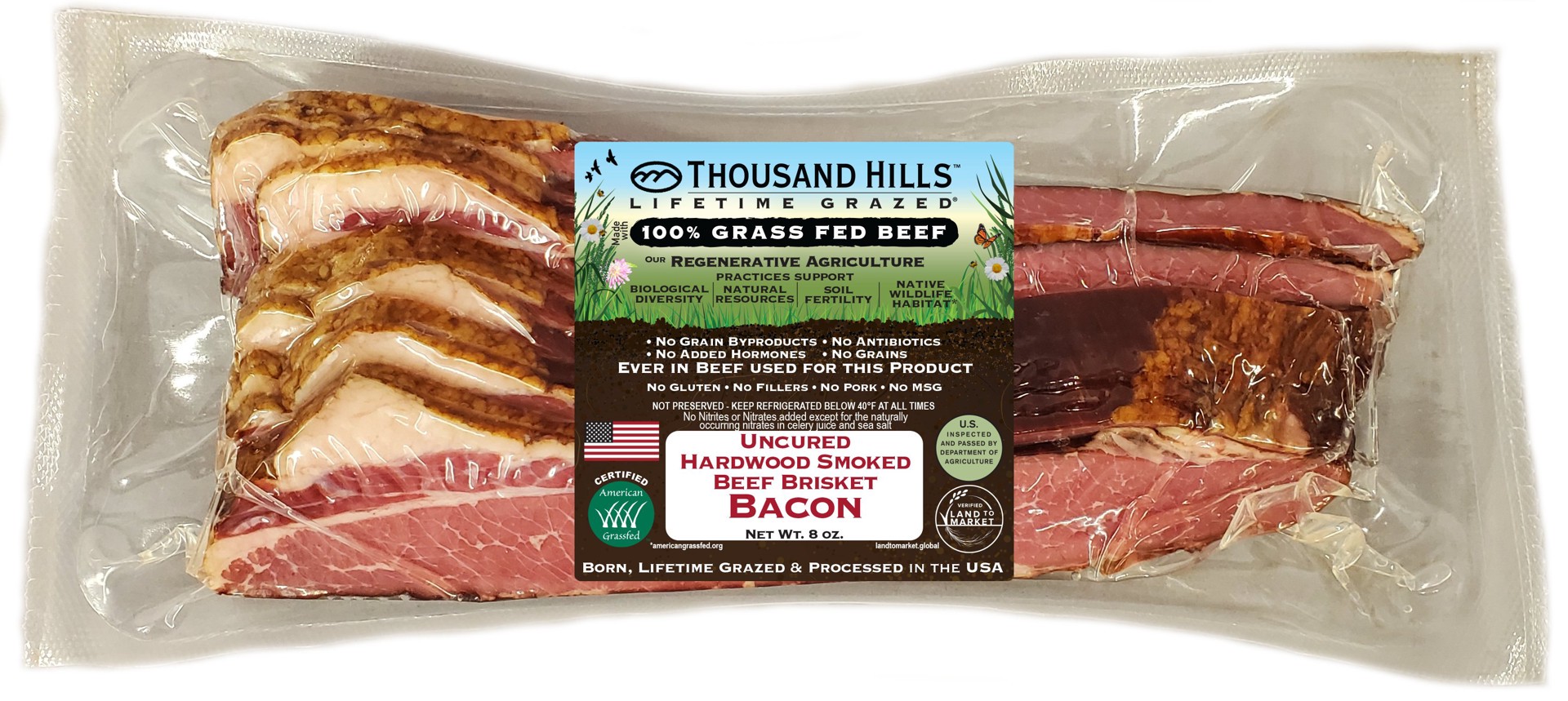 slide 1 of 1, Thousand Hills Cattle Company 100% Grassfed Beef Brskt Bacon, 8 oz