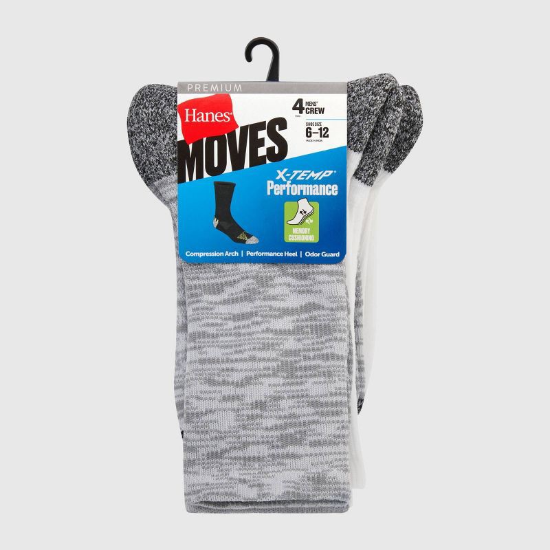 slide 3 of 5, Hanes Premium Hanes Moves Premium Men's Performance Crew Socks 4pk - Gray 6-12: Breathable, Moisture Wicking, Arch Support, 4 ct