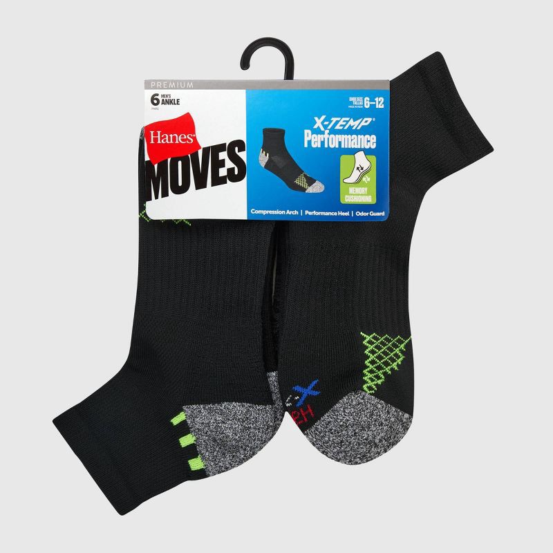 slide 3 of 5, Hanes Premium Hanes Moves Premium Men's Performance Ankle Socks 6pk - Black 6-12: Breathable, Moisture Wicking, Cushioned, 6 ct