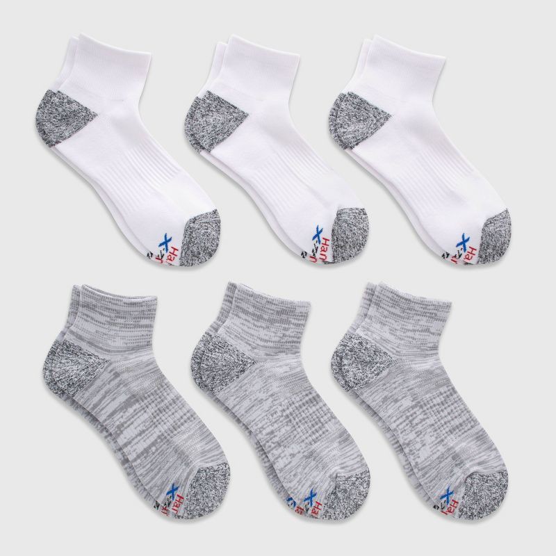 slide 2 of 5, Hanes Premium Hanes Moves Premium Men's Performance Ankle Socks 6pk - White/Gray 6-12: Polyester Blend, Arch Support, Moisture Wicking, 6 ct