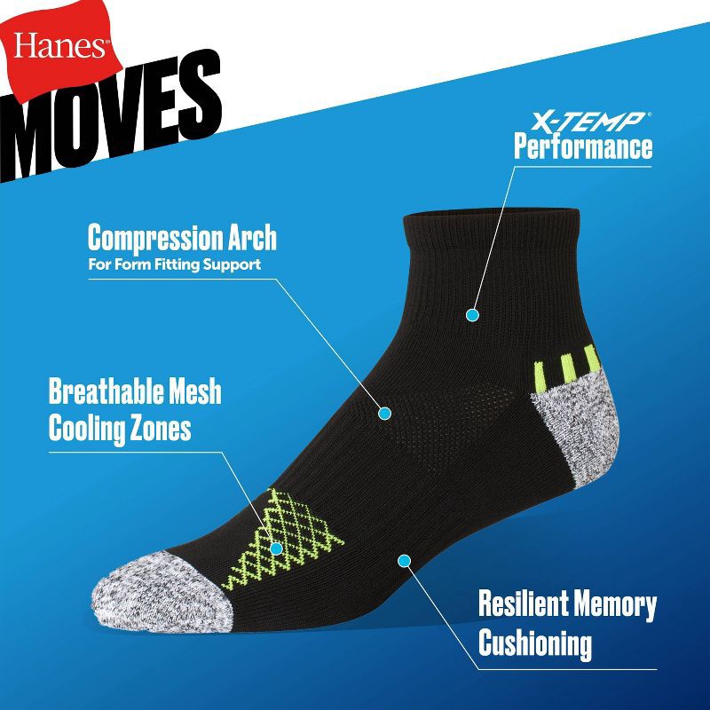 slide 5 of 5, Hanes Premium Hanes Moves Premium Men's Performance Ankle Socks 6pk - White/Gray 6-12: Polyester Blend, Arch Support, Moisture Wicking, 6 ct