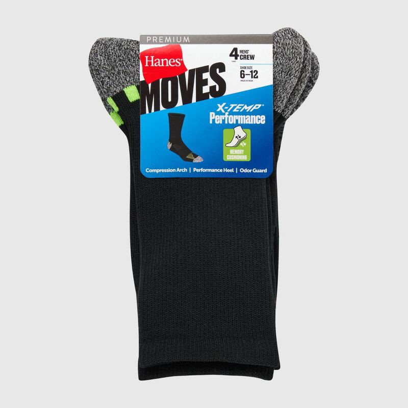 slide 3 of 4, Hanes Premium Hanes Moves Premium Men's Performance Crew Socks 4pk - Black 6-12: Breathable, Moisture Wicking, Cushioned Sole, 4 ct