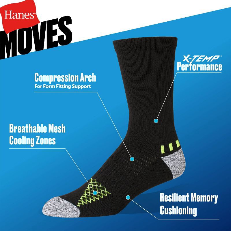 slide 4 of 4, Hanes Premium Hanes Moves Premium Men's Performance Crew Socks 4pk - Black 6-12: Breathable, Moisture Wicking, Cushioned Sole, 4 ct