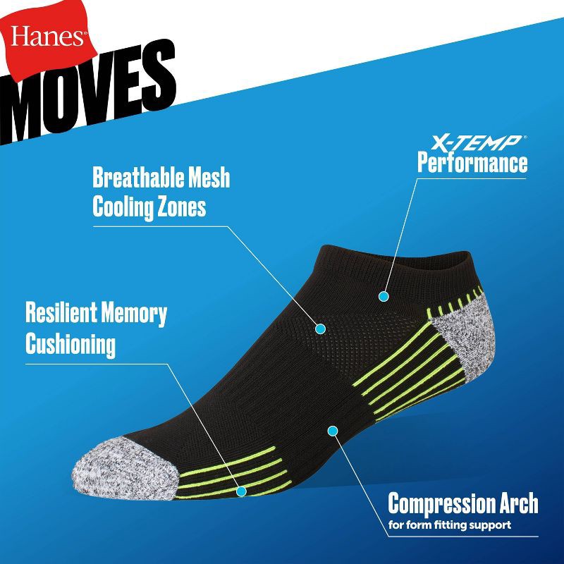 slide 5 of 5, Hanes Premium Men's Performance Filament No Show Socks 6pk - Black 6-12: Lightweight, Moisture Wicking, Arch Support, 6 ct