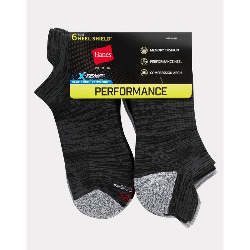 slide 3 of 3, Hanes Premium Hanes Moves Premium Men's Performance Heel Shield Low Cut Socks 6pk - Charcoal Gray 6-12: Breathable, Moisture Wicking, Arch Support, 6 ct