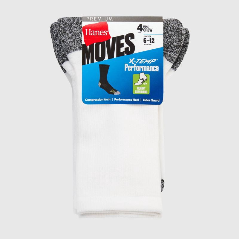 slide 3 of 4, Hanes Premium Hanes Moves Premium Men's Performance Crew Socks 4pk - White 6-12: Breathable, Moisture Wicking, Arch Support, 4 ct