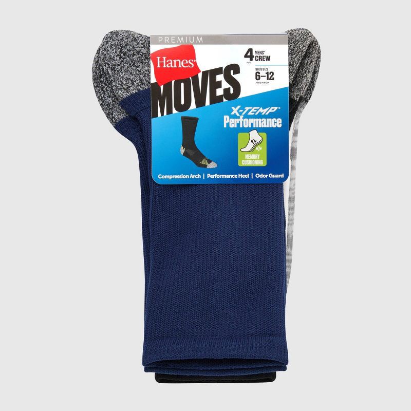 slide 3 of 4, Hanes Premium Hanes Moves Premium Men's Performance Crew Socks 4pk - Navy/Black/Gray 6-12: Moisture Wicking, Cushioned Sole, Arch Support, 4 ct