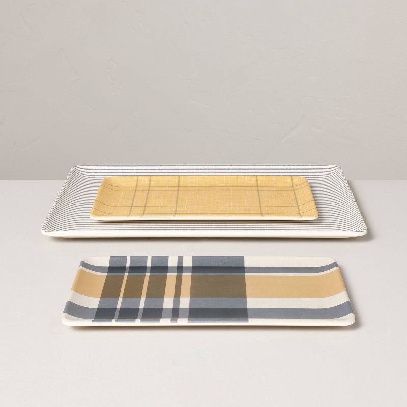slide 3 of 4, 3pc Mixed Fall Pattern Bamboo-Melamine Serving Trays Gold/Blue/Cream - Hearth & Hand with Magnolia, 3 ct