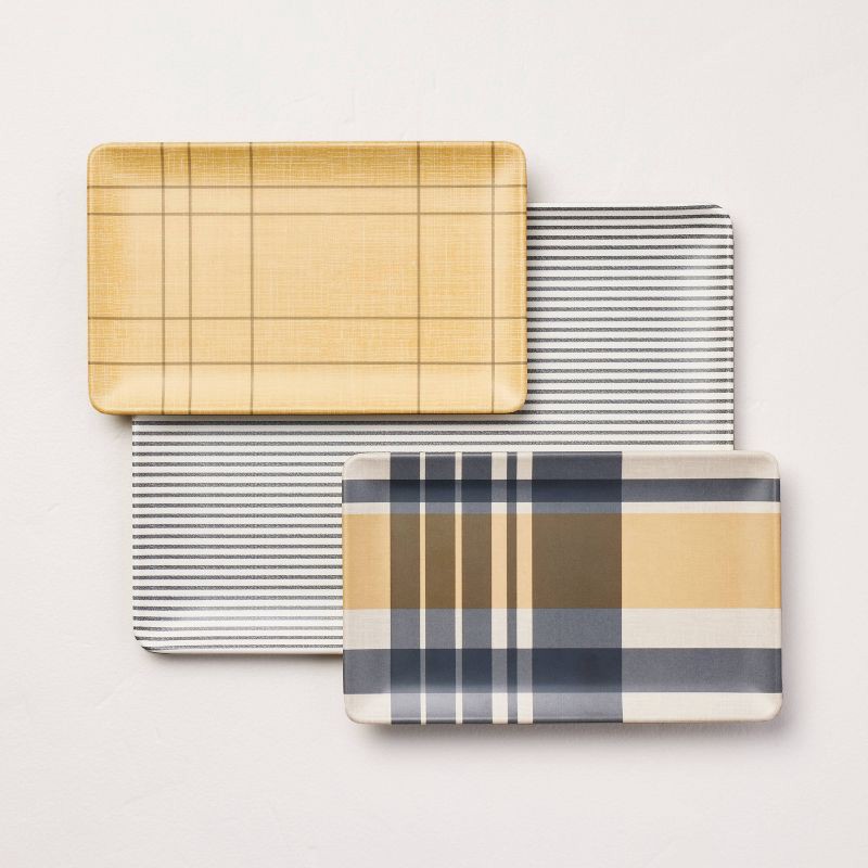 slide 1 of 4, 3pc Mixed Fall Pattern Bamboo-Melamine Serving Trays Gold/Blue/Cream - Hearth & Hand with Magnolia, 3 ct