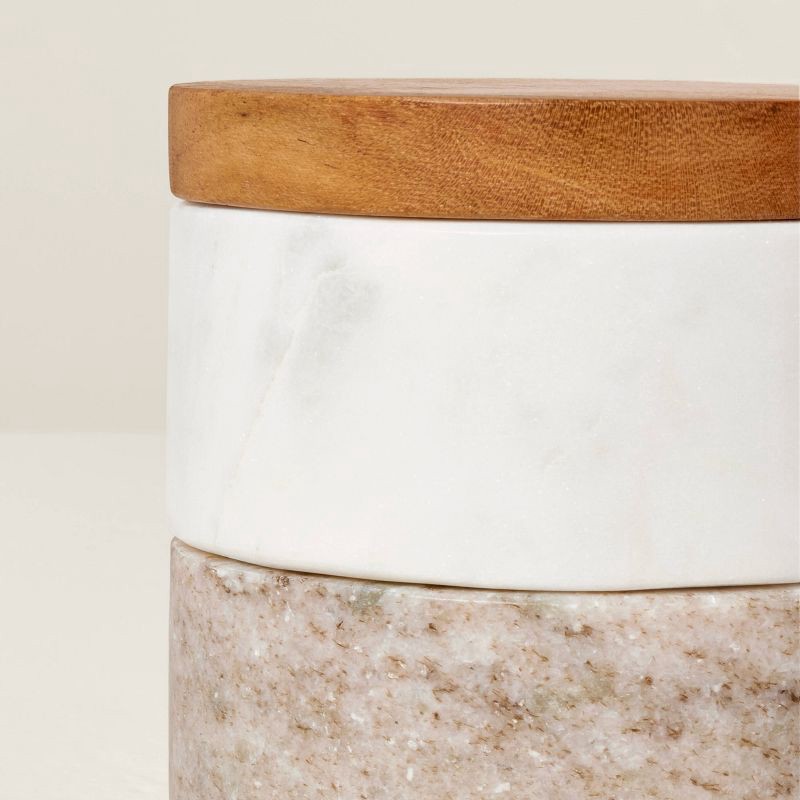 slide 4 of 4, Hearth & Hand with Magnolia 3pc Marble Stacking Salt & Pepper Cellar White/Warm Gray - Hearth & Hand™ with Magnolia: Acacia Lid, Farmhouse Style, 3 ct