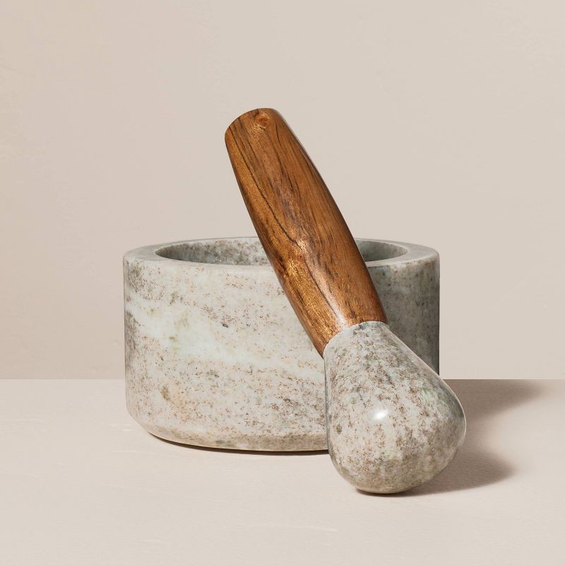 slide 1 of 3, Hearth & Hand with Magnolia 2pc Marble & Wood Mortar and Pestle Set Warm Gray - Hearth & Hand™ with Magnolia, 2 ct