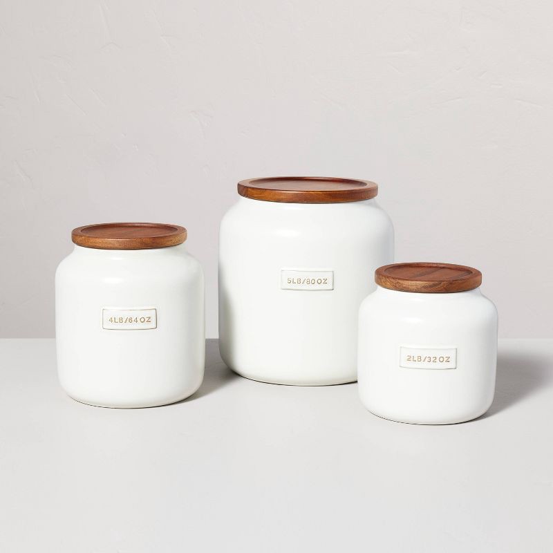 slide 3 of 4, Hearth & Hand with Magnolia 80oz Dry Goods Stoneware Canister with Wood Lid Cream/Brown - Hearth & Hand™ with Magnolia, 80 oz
