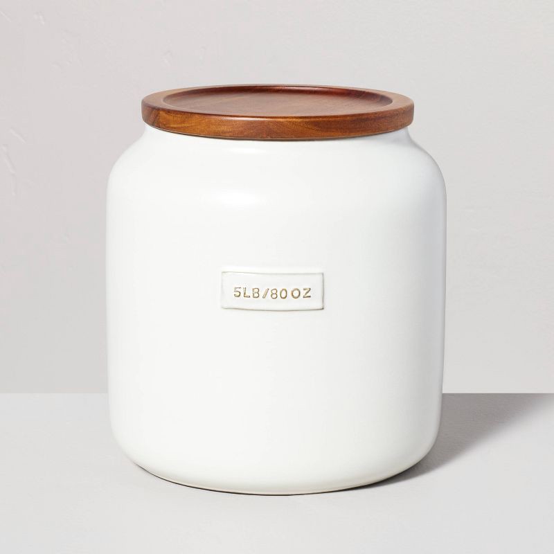 slide 1 of 4, Hearth & Hand with Magnolia 80oz Dry Goods Stoneware Canister with Wood Lid Cream/Brown - Hearth & Hand™ with Magnolia, 80 oz