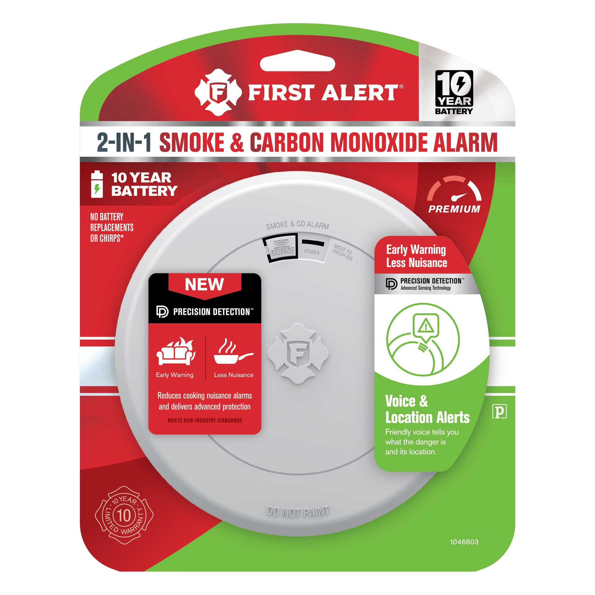 slide 6 of 6, First Alert 10-Year Battery-operated Combination Smoke and Carbon Monoxide Detector with Voice Alert, 1 ct