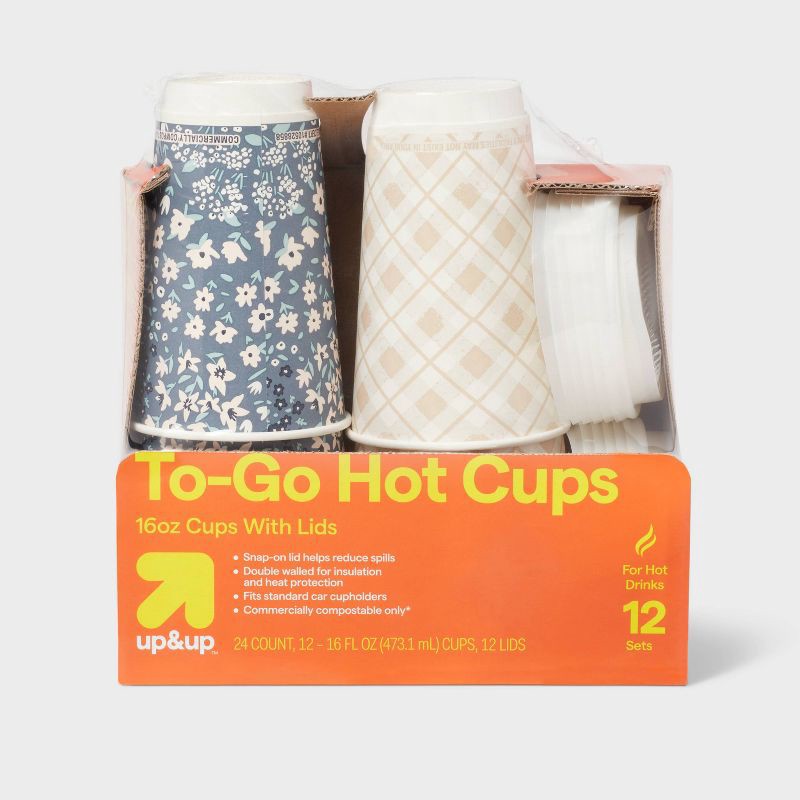 slide 1 of 3, Compostable Hot Cups with Lids - 16oz/12ct - up&up™, 12 ct; 16 oz
