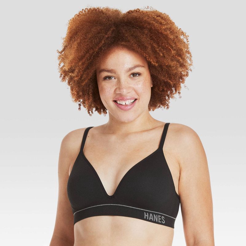 slide 1 of 7, Hanes Originals Women's Ribbed Seamless Contour Bra MHB004 - Black XL: Lightly Lined, Adjustable Straps, 1 ct