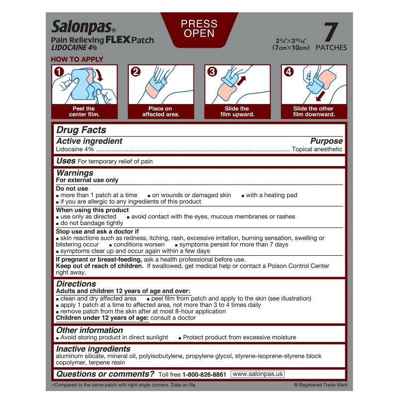 slide 2 of 7, Salonpas Lidocaine 4% Pain Relieving Flex Patch - Odor Free - 7ct, 7 ct