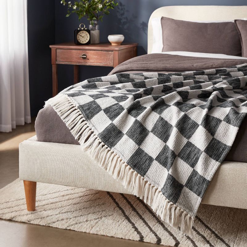 slide 2 of 3, 60"x80" Woven Cotton Checkered Bed Throw Black - Threshold™, 1 ct